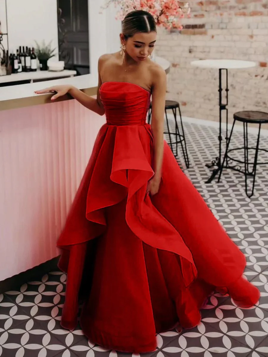 Elisa |Light Pink A Line Strapless Organza Prom Dress