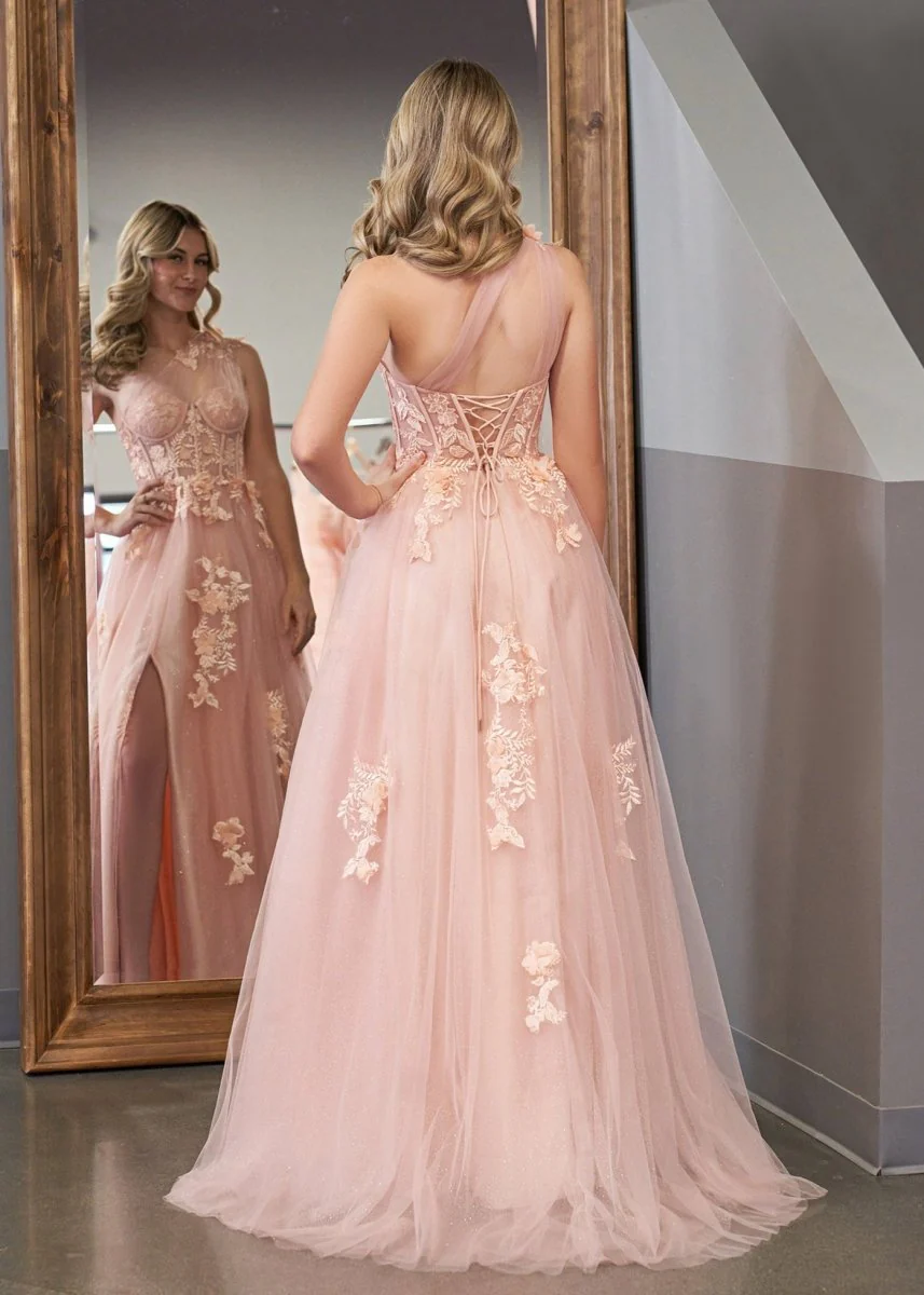 A Line One Shoulder Black Long Prom Dress with Appliques