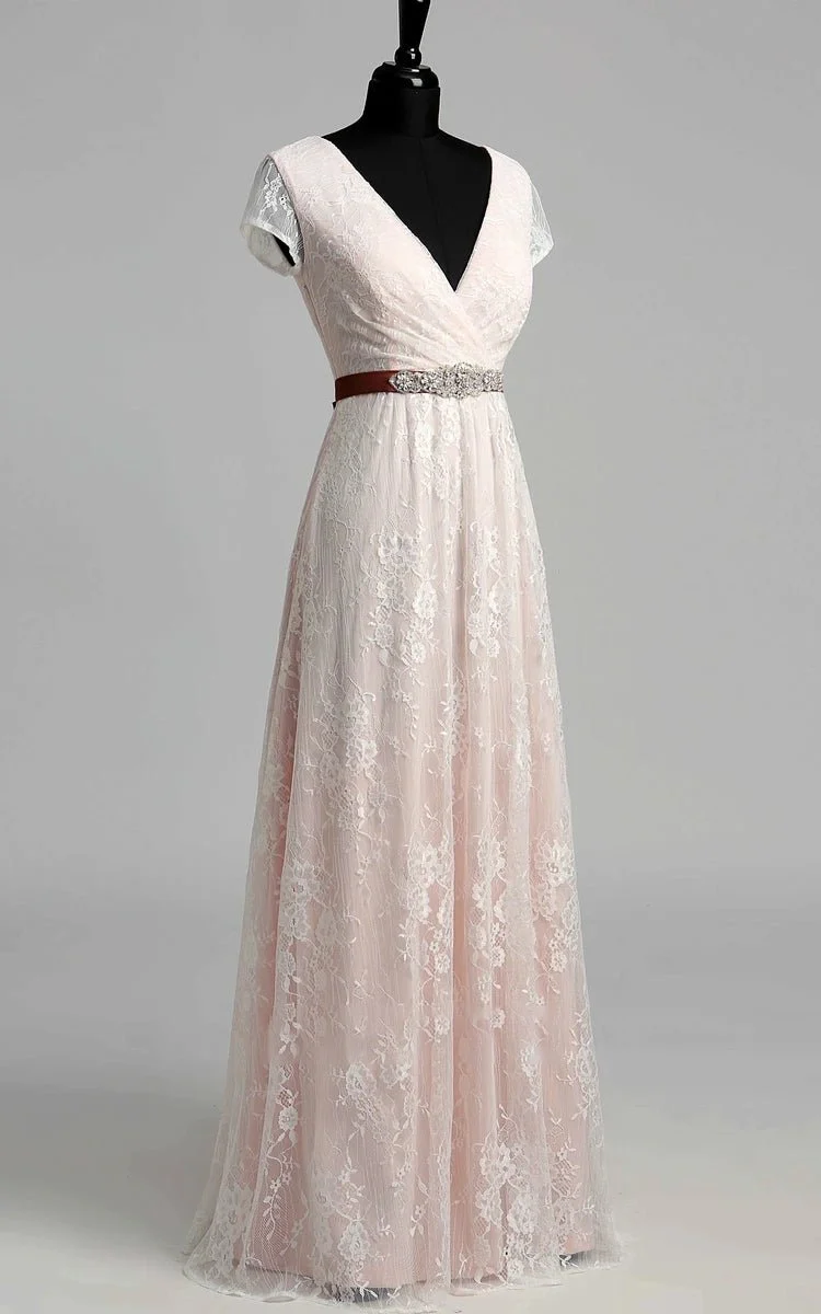 Short Sleeve V-neck Pleated Long Lace Wedding Dress