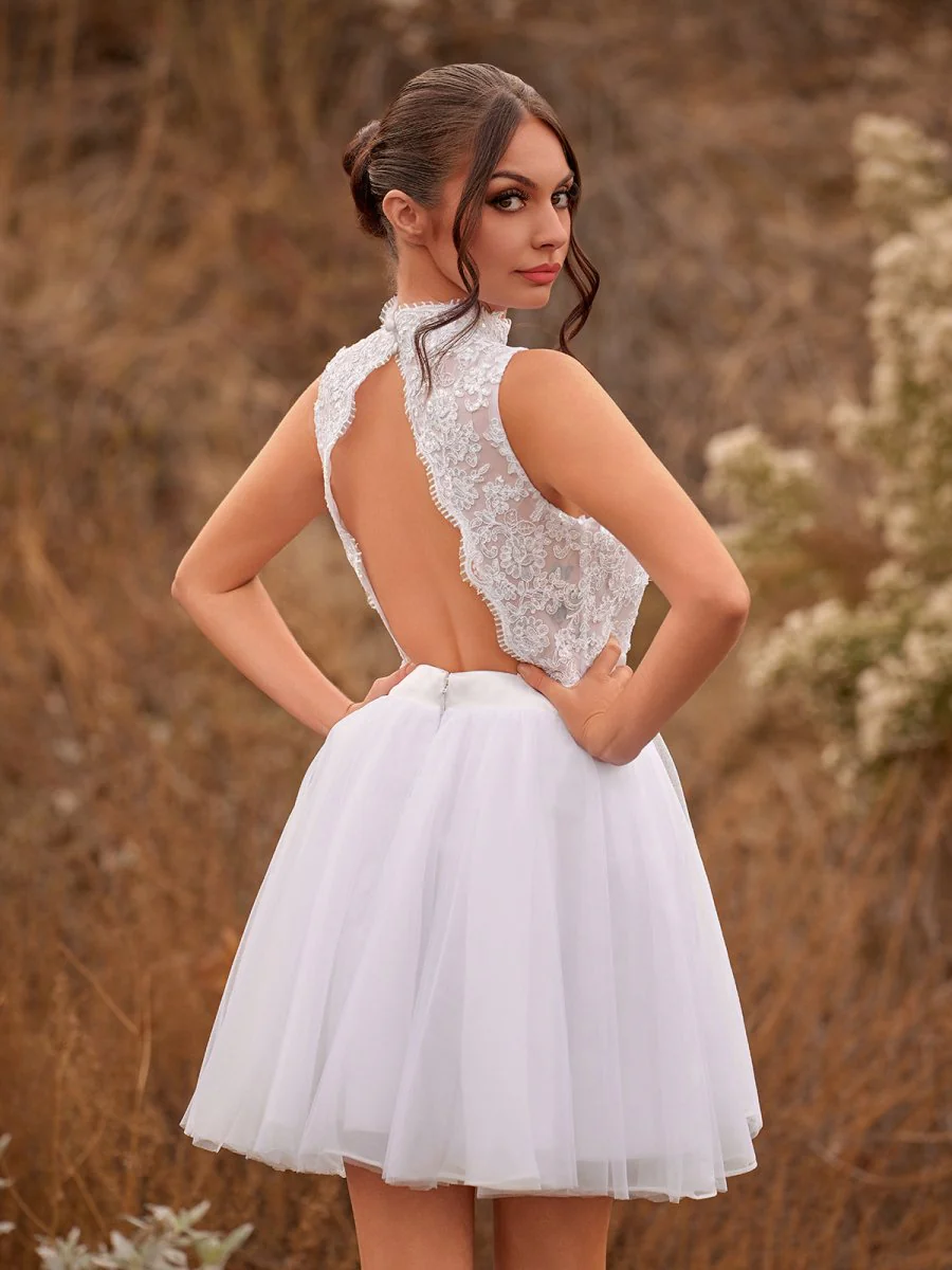 Mini Knee-Length Tulle Lace Dress With Beading Keyhole Back