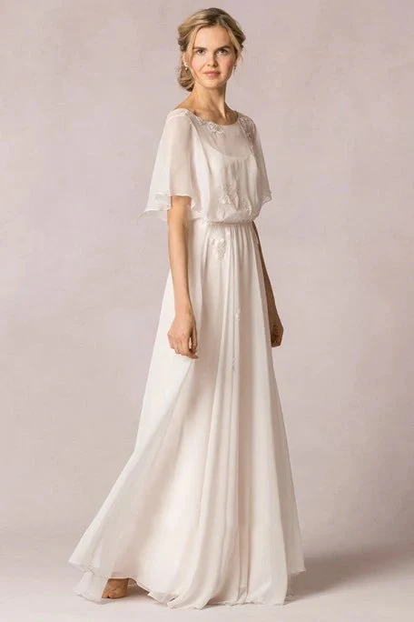 Sheath Scoop-Neck Floor-Length Poet-Sleeve Appliqued Chiffon Wedding Dress With Pleats