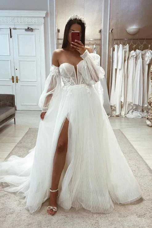 Tulle A-Line Sweetheart Detachable Long Sleeve Lace Applique With Side Slit Wedding Dress