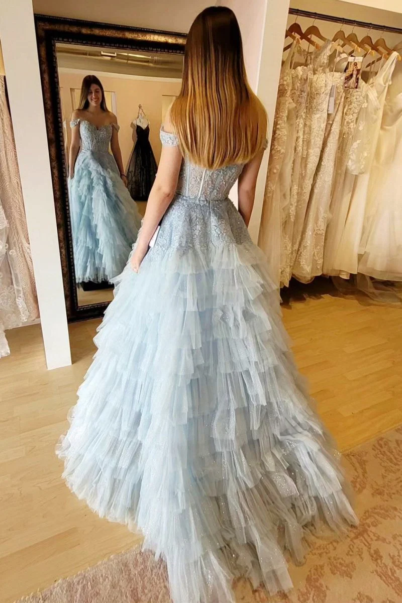 Oaklyn | Light Blue Appliques Off-the-Shoulder Ruffle Tiered Long Prom Dress