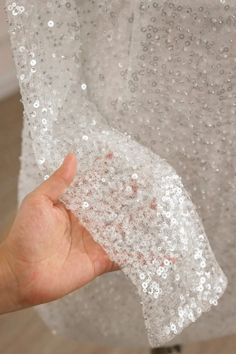 Aelia | Chic Short Sequined Backless Wedding Dress With Long Detachable Sleeves