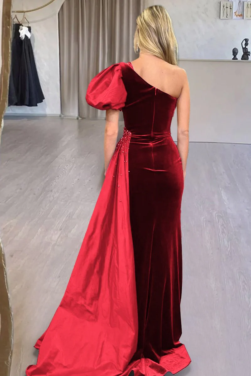 Jazmine | Royal Blue Velvet One-Shoulder Long Formal Dress with Attached Train