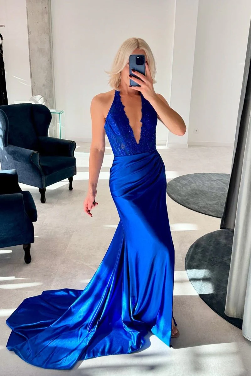 Nerute | Fuchsia Lace Applique Satin High Slit Mermaid Prom Dress