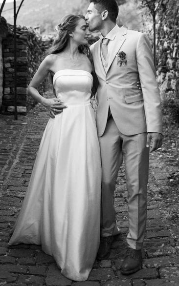 Casual A-Line Strapless Satin Garden Wedding Dress With Backless And Illusion Sleeves