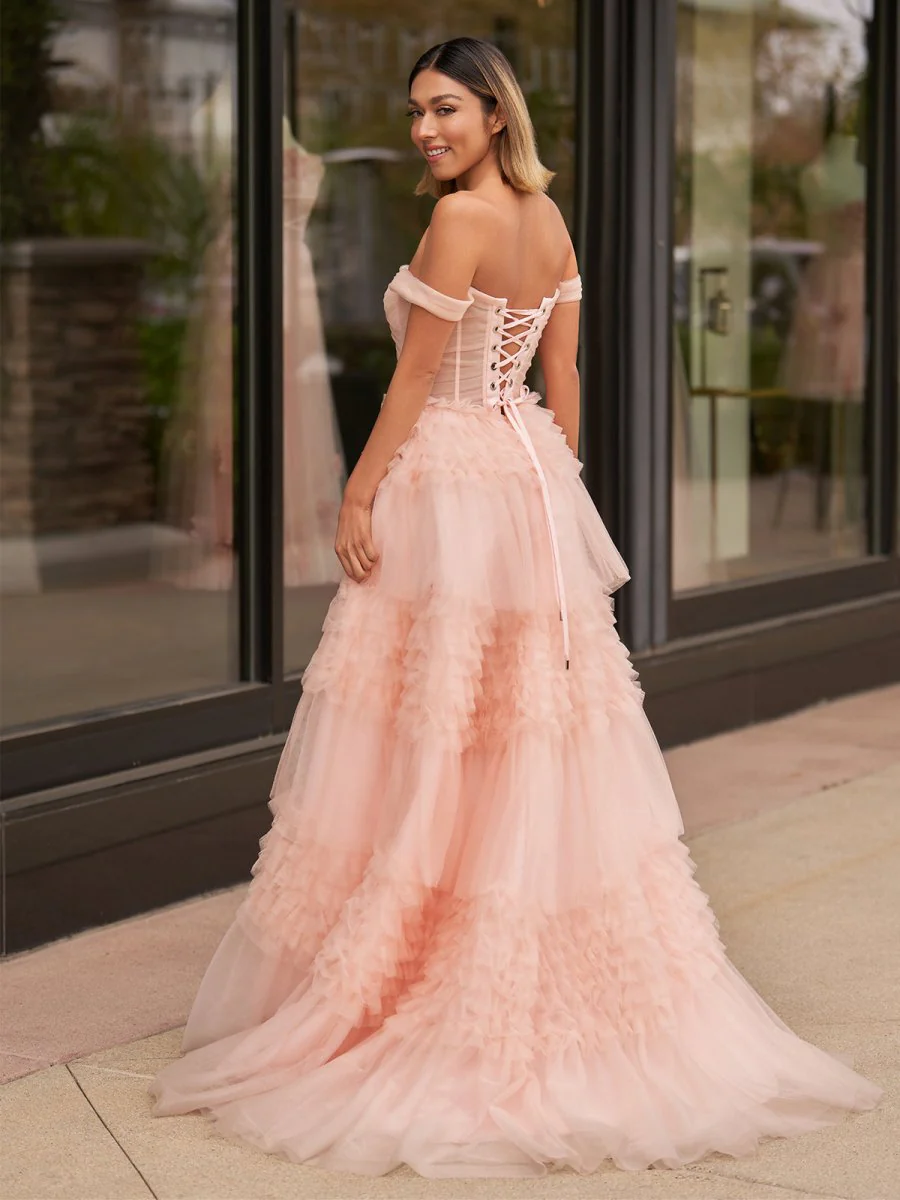 Zariah | Blush Princess A line Off Shoulder Ruffled Tulle Prom Dress