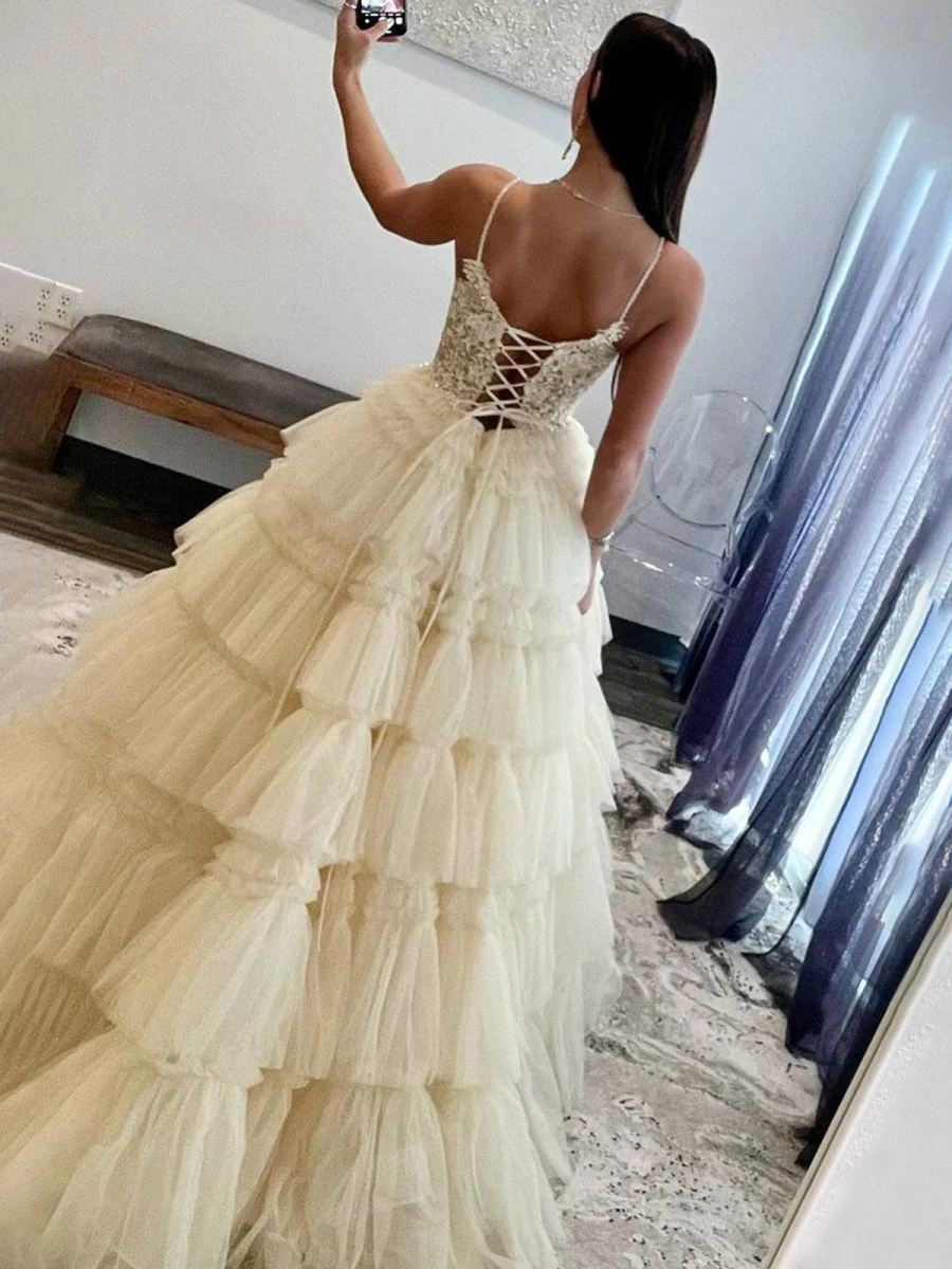 Hadlee | Black Beaded Spaghetti Strap Ruffle Tiered Ball Gown