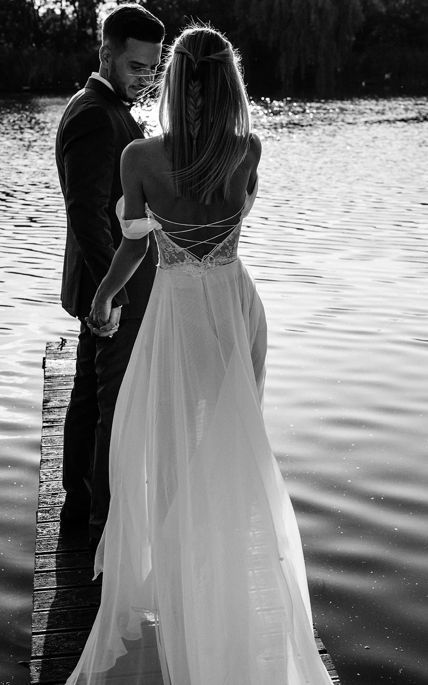 Two Piece Off-the-shoulder Lace Wedding Dress With Cross Back And Split Front