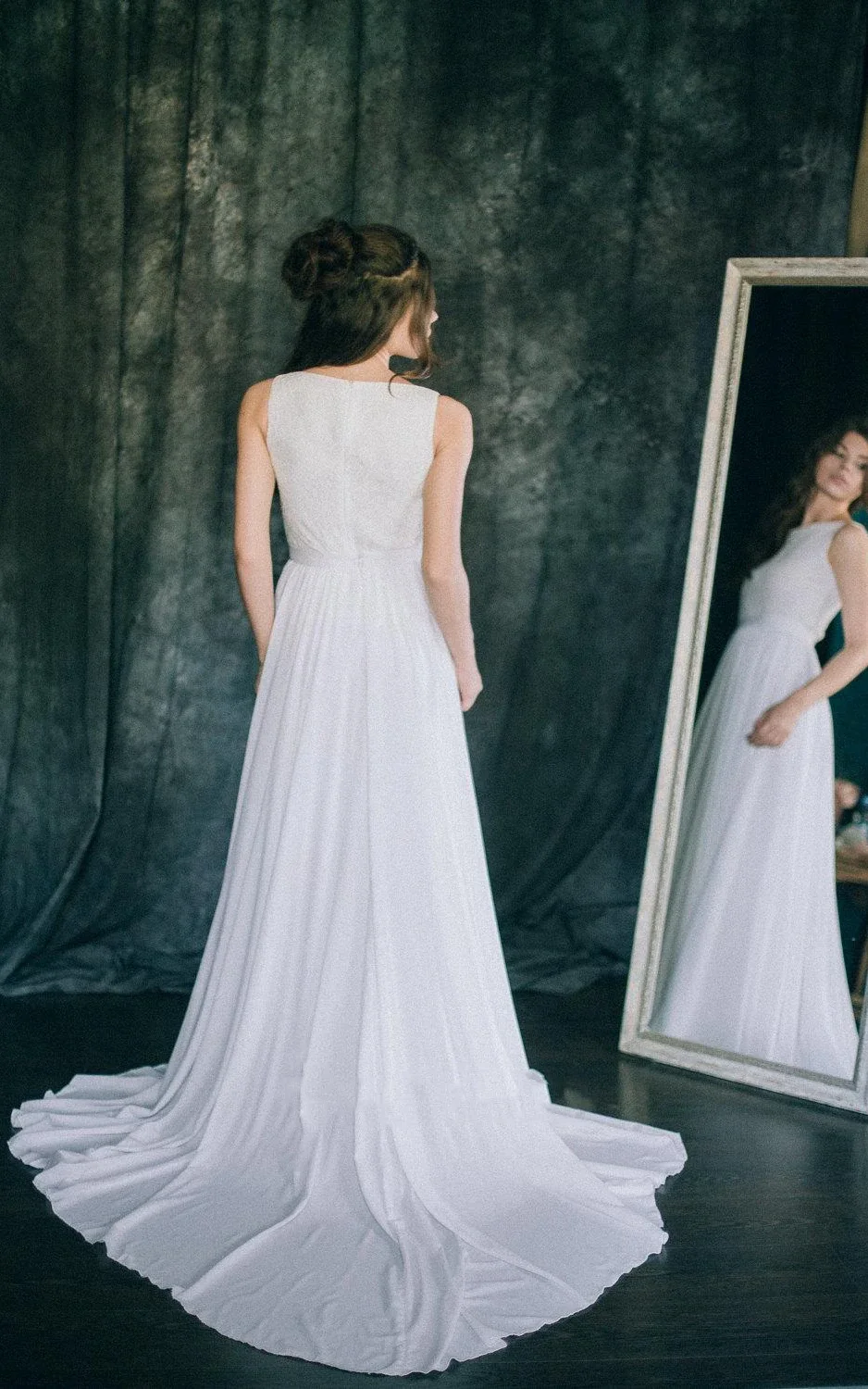 A-Line Short Sleeveless Sleeve Chiffon Lace Satin Dress