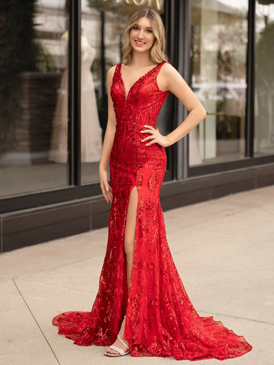 Avianna |Mermaid V Neck Sequined Lace Prom Dress with Slit