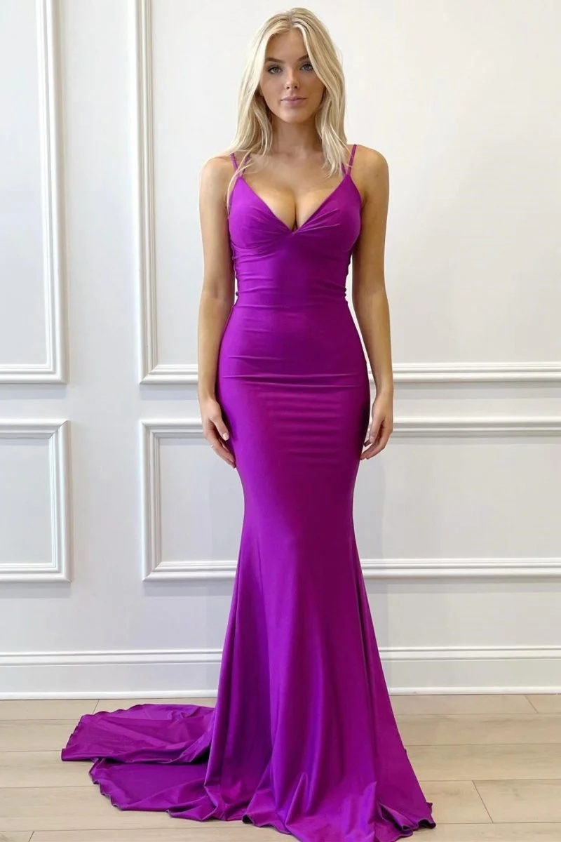 Purple V-Neck Lace-Up Mermaid Long Formal Dress
