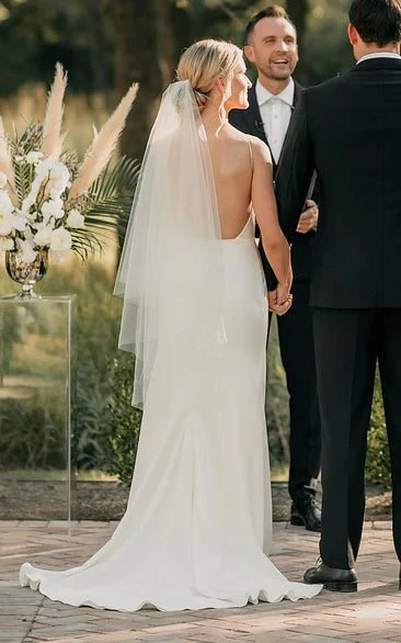 Sexy Plunging Neckline Mermaid Satin Wedding Dress With Sweep Train