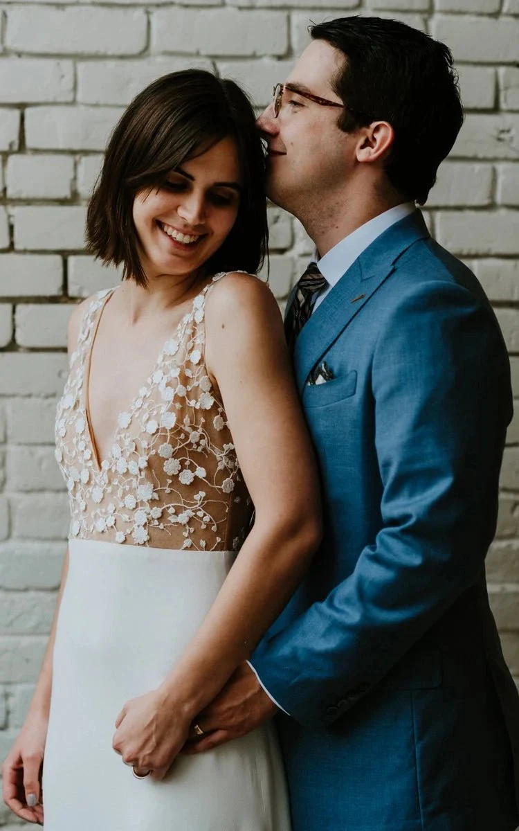 A-Line Satin Simple V-neck Wedding Dress With Low-V Back And Appliques