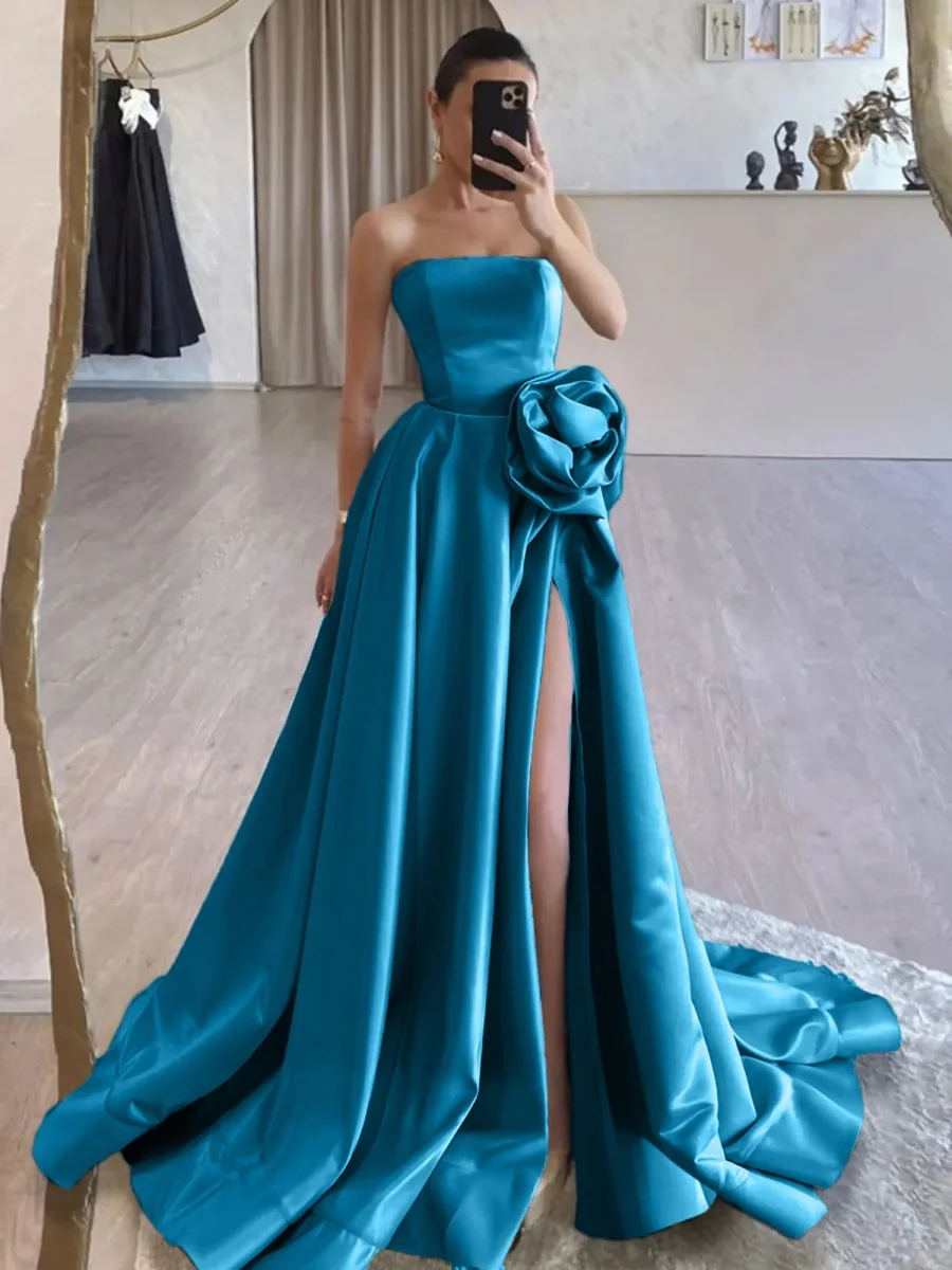 Vanora | Black Strapless Satin Long Prom Dress With High Split