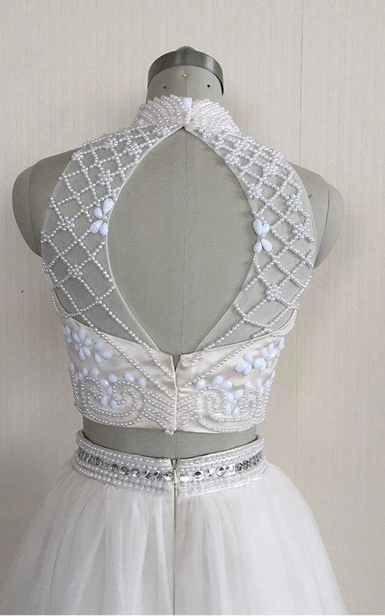 Two Piece High Neck Sleeveless Tulle Dress With Beading