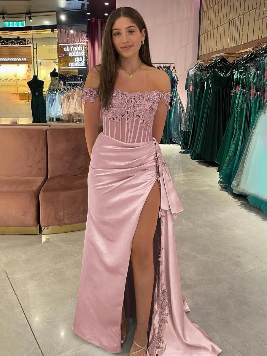 Korla | Off the Shoulder Satin Beaded Prom Dress With Appliques