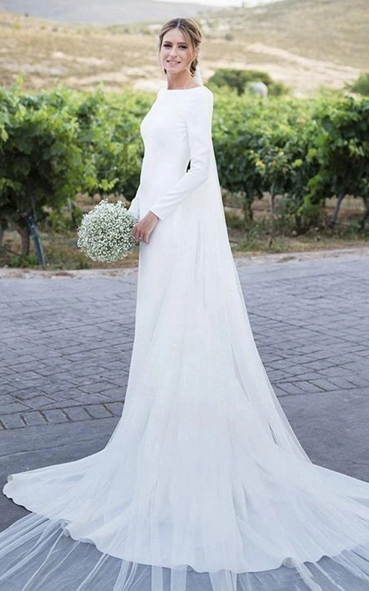 Simple Chiffon Sheath Bateau-neck Deep-V Back Bridal Gown with Chapel Train