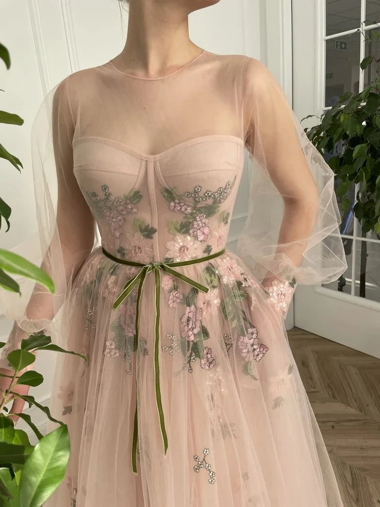 Meilani |A Line Scoop Long Sleeve Tulle Prom Dress with Floral Embroidery