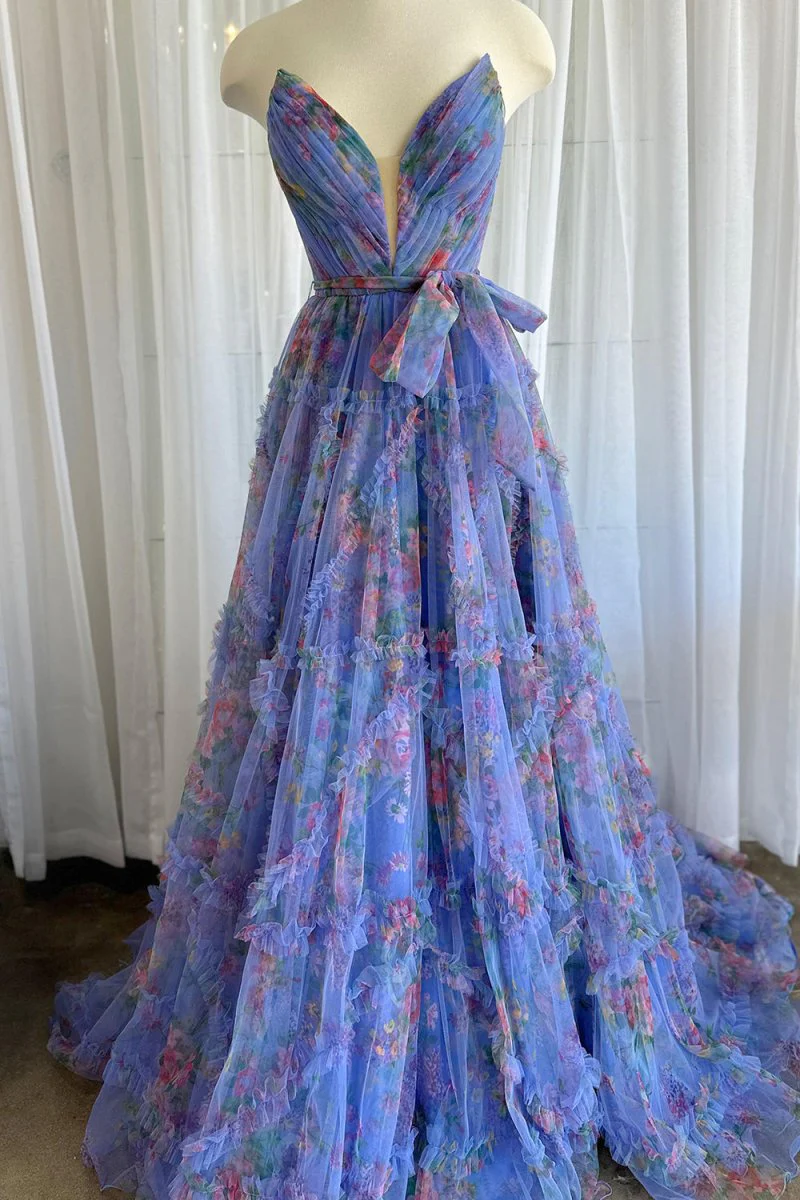 Izabella |A-Line Sweetheart Floral Printed Tulle Prom Dress with Slit