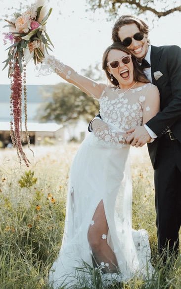 Bohemian Mermaid Bateau Chiffon Wedding Dress with Appliques and Split Front