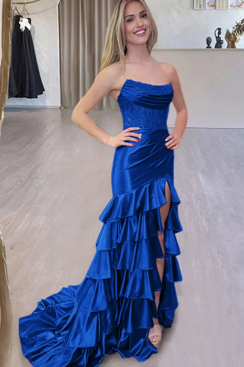 Yvonne | Charming Mermaid Strapless Pink Satin Long Prom Dresses with Appliques