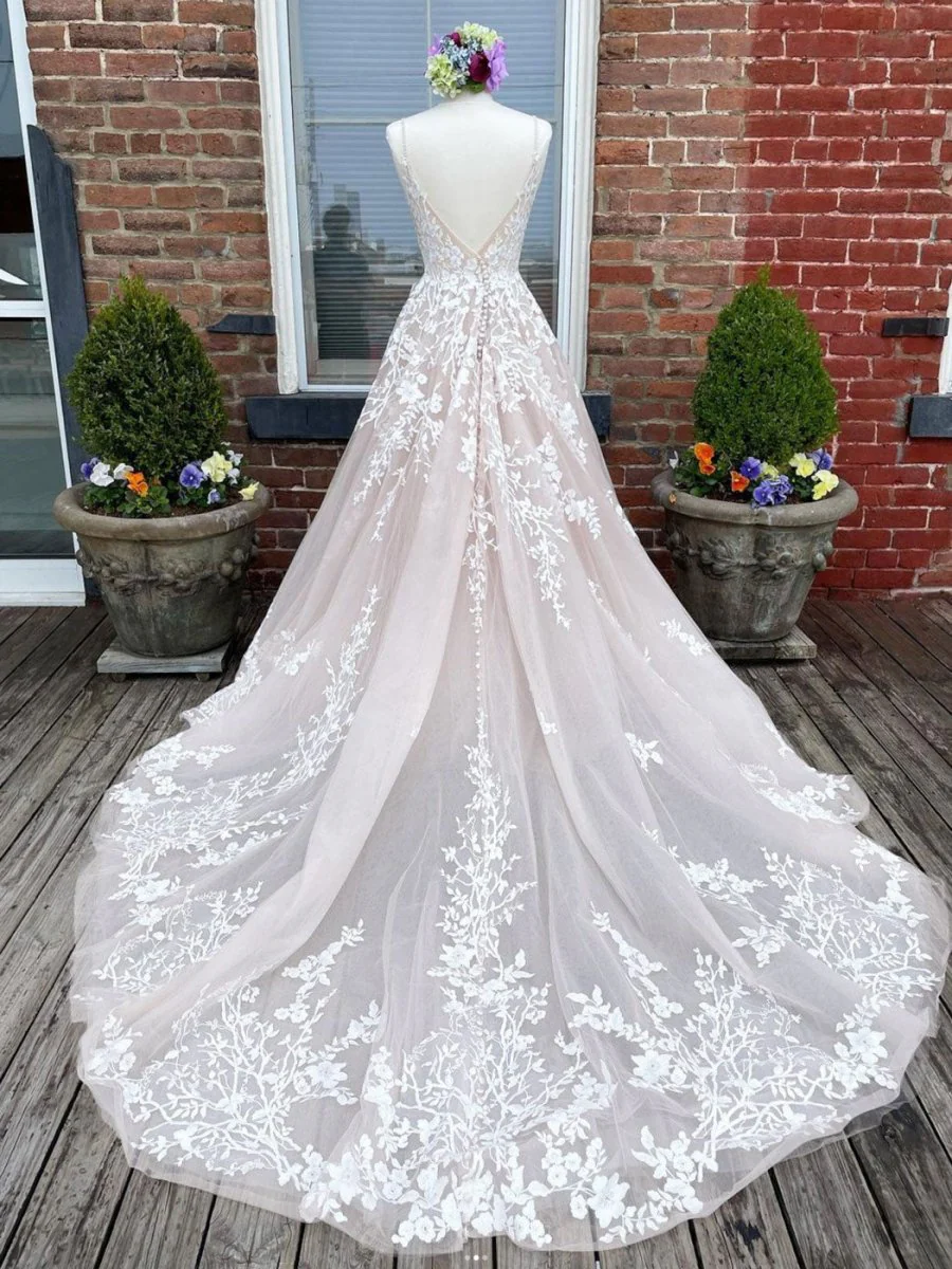Champagne V Neck Lace Tulle Long Wedding Dress With Lace-Up Back
