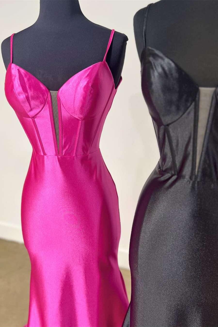 Elori | Plunge Neck Black Satin Mermaid Long Prom Dress