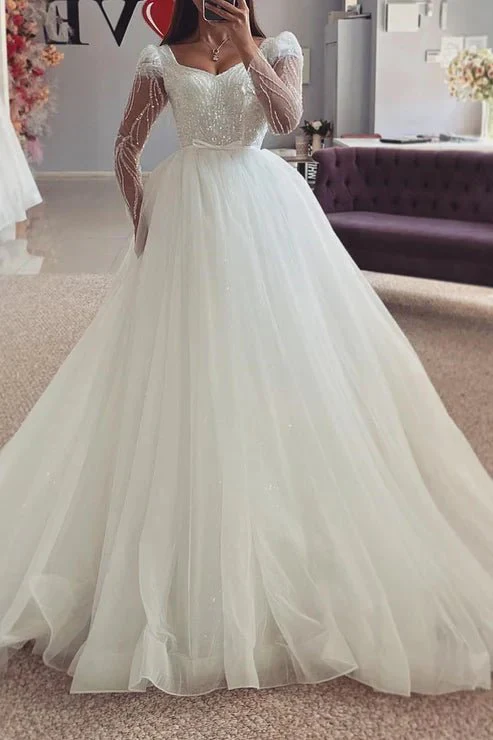 Bateau Long Sleeve Sequined Appliques Empire Tulle Wedding Dress