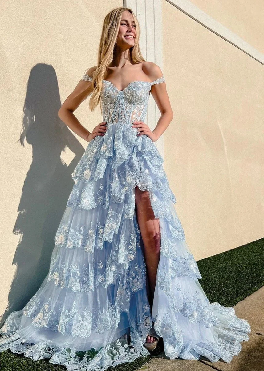 Capri | A-Line Lace Off-the-Shoulder Tiered Long Prom Dress with Slit