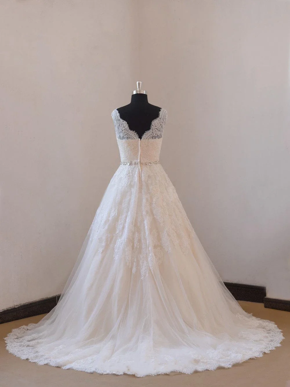 Ivory a Line Champange Blush Lining Lace Wedding Dress With Illusion Neckline