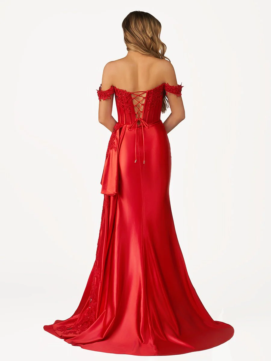 Korla | Off the Shoulder Satin Beaded Prom Dress With Appliques
