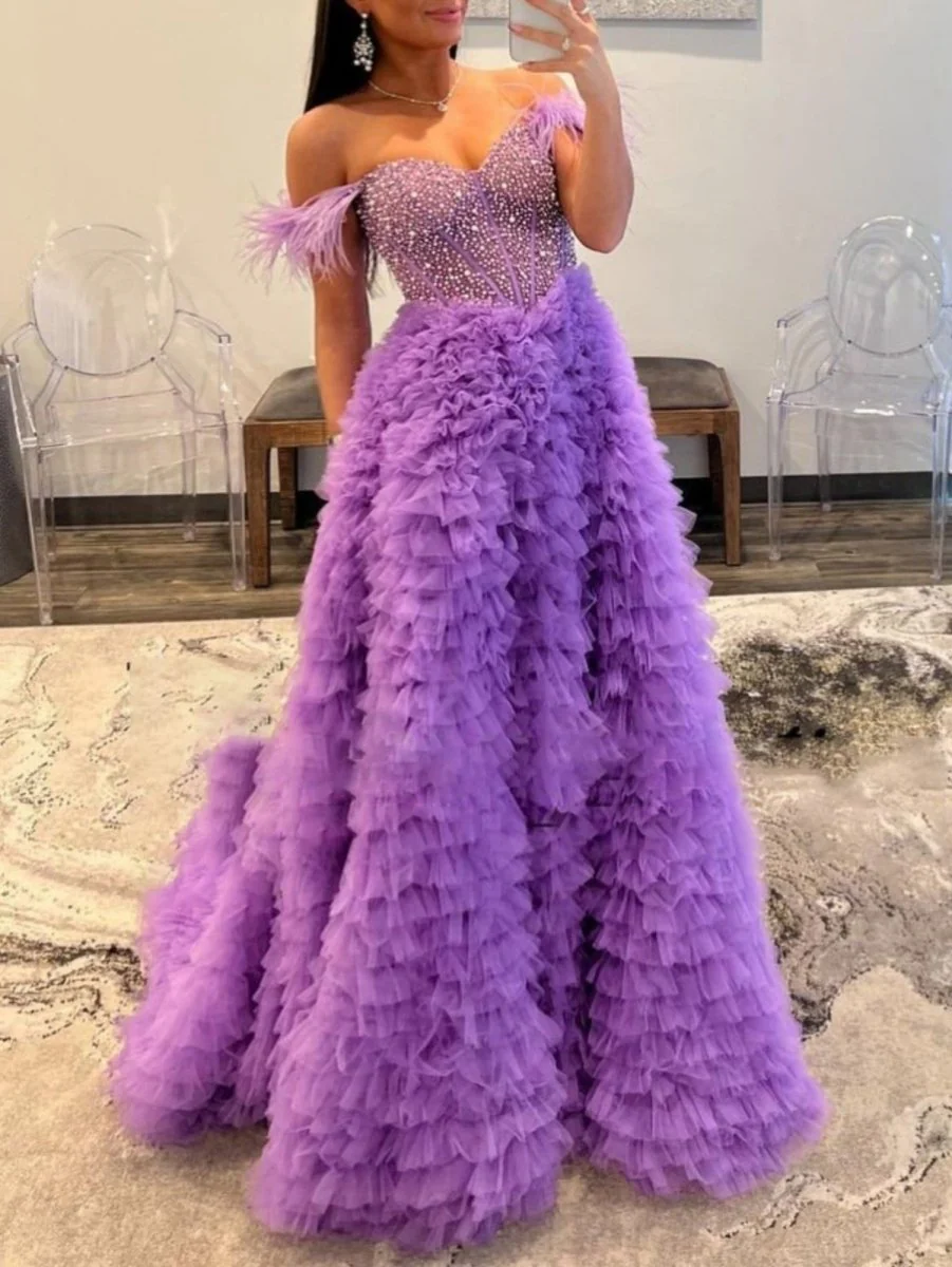 Astrid |A Line Off the Shoulder Tiered Tulle Prom Dress With Slit