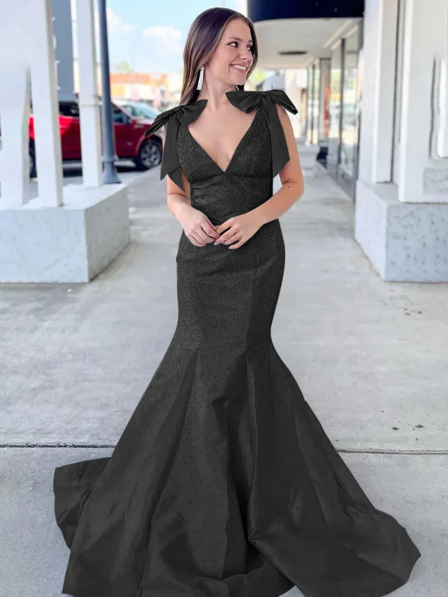 Kycera | Sky Blue V Neck Mermaid Satin Long Prom Dress With Bow