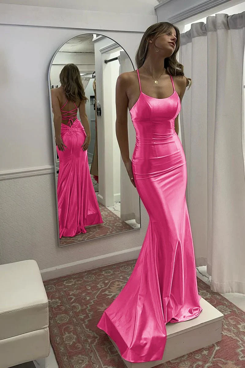 Kimia | Cute Mermaid Scoop Neck Pink Satin Long Prom Dress