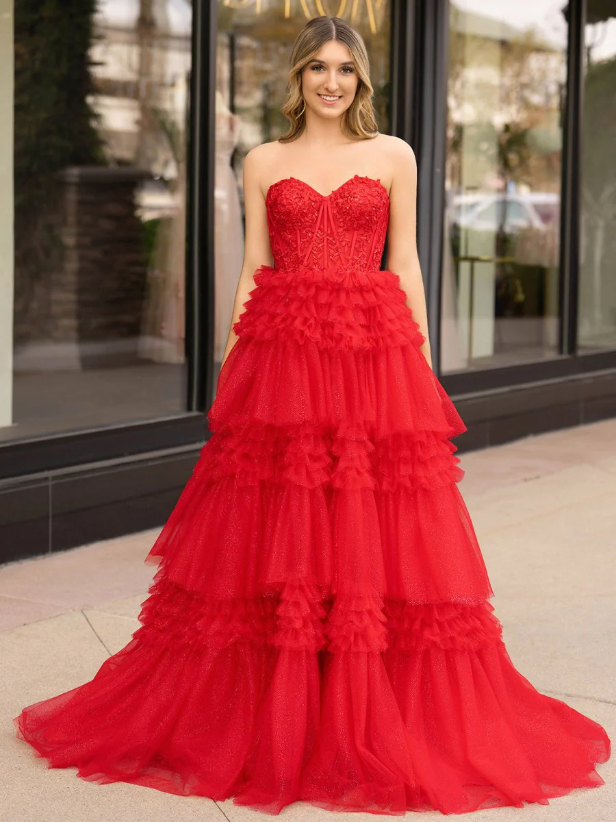 Adelyn |A-Line Sweetheart Tiered Long Tulle Prom Dress