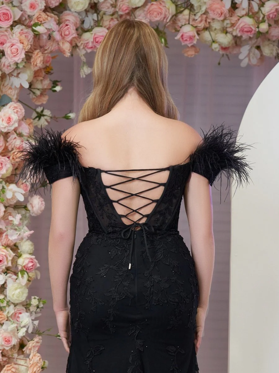 Elaina |Mermaid Deep V Neck Feather Lace Long Prom Dress