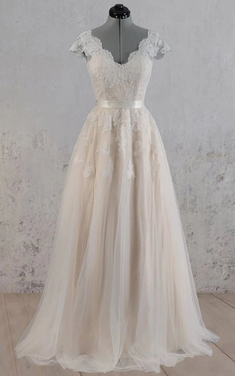 Cap Sleeve V-Neck Lace Wedding Dress With Tulle Skirt and V-Back