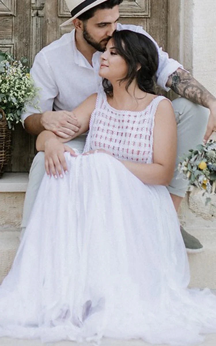 Casual A-Line Bateau Lace Tulle Wedding Dress With Open Back And Lace