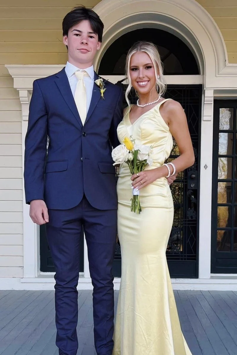 Bliss | Yellow Mermaid Satin V Neck Long Party Dress