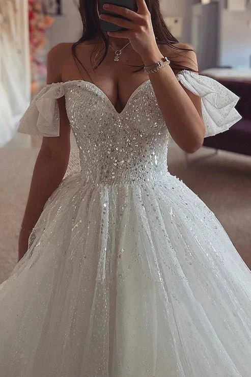 Off-Shoulder Glitter Tulle A-Line Sequined Beaded With Train Wedding Dress