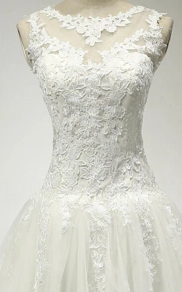 A-Line Tulle Bridal Gown Weddig Dress With Lace Bodice and Dropped Waist