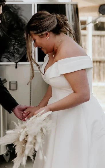 Romantic Off-the-shoulder A-Line Satin Wedding Dress With Button Back