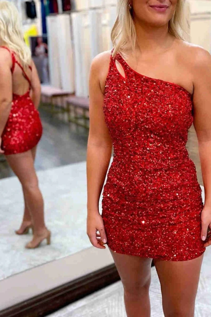 Magdalene |Sparkly Bodycon One Shoulder Sequins Short Homecoming Dress with Keyhole