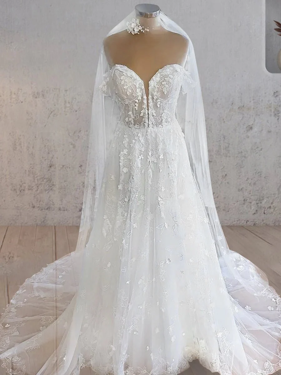 Issel | Sweetheart Off the Shoulder A-Line Tulle Lace Applique With Tulle Train Wedding Dress