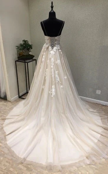 Sexy Garden Style Tulle Spaghetti Sleeveless Corset Back Wedding Dress with Appliques