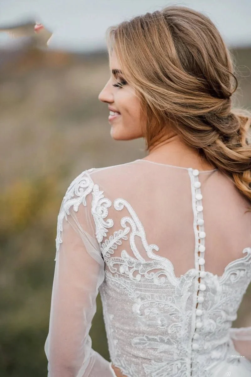 Glamorous Bohemian Illusion Sleeves Lace Two Piece Court Train Wedding Dress