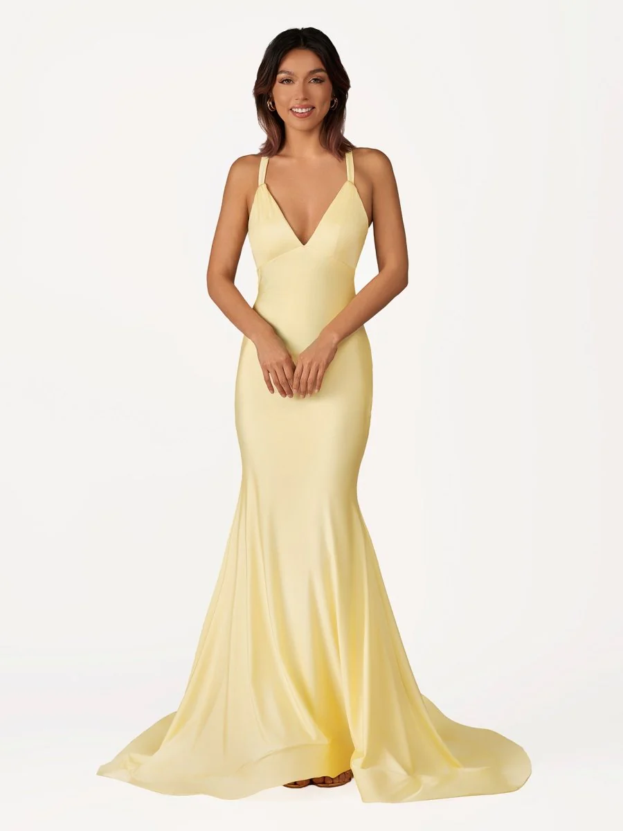 Quaylee | Yellow Mermaid V-Neck Satin Prom Dresses With Tail Evening Dress
