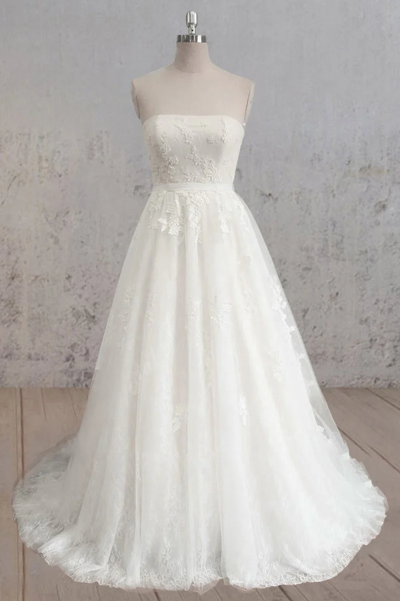 Strapless A-Line Tulle Wedding Dress With Lace Bodice